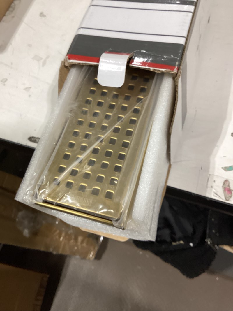 Condition photo showing Good Condition for neodrain 36-inch brushed brass linear shower drain with removable quadrato pattern grate,304 stainless steel gold rectangle shower floor drain,linear drain with hair strainer golden 36 in
