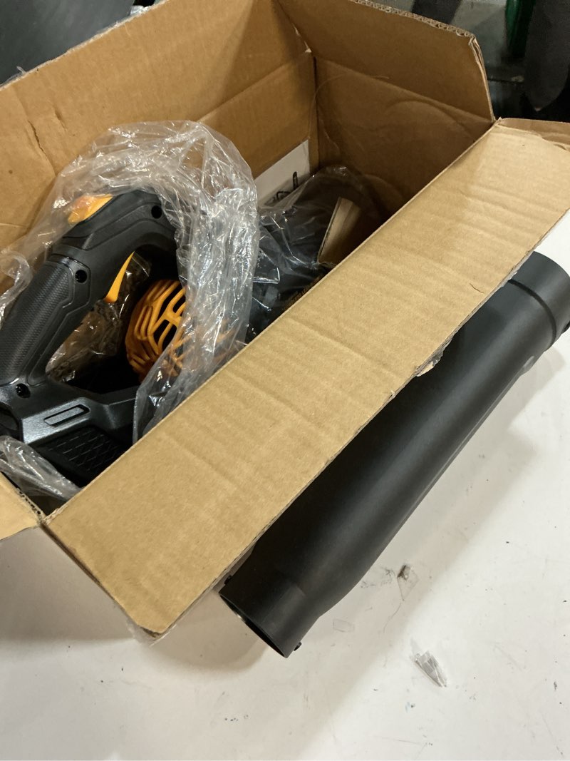 Condition photo showing As Is for (missing battery )600 cfm cordless leaf blower compatible with dewalt 20v max battery (tool only), 150 mph ultra lightweight battery powered leaf blowers, 3-speed turbo handheld blower for lawn yard patio driveway snow