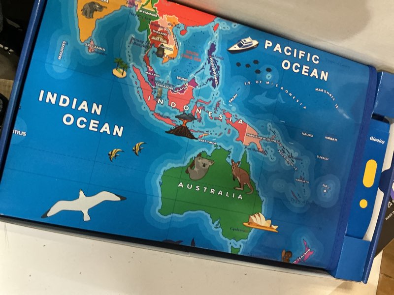 Condition photo showing Good Condition for qiaojoy bilingual interactive world map for kids learning and educational toys, talking electronic kids world map i-poster geography games ages 3 to 12 years old, custom talking birthday gifts card