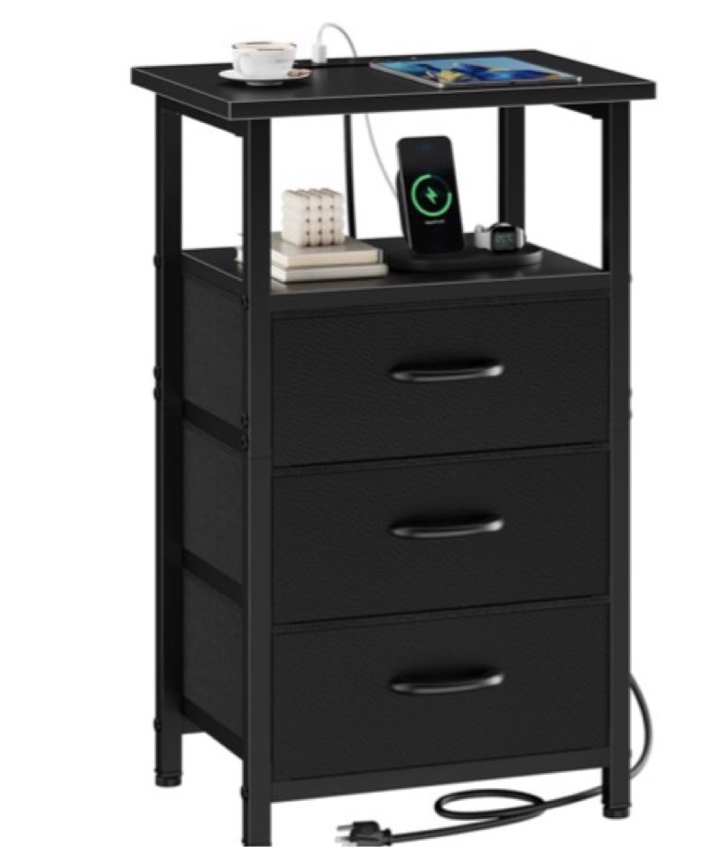vagusicc nightstand with charging station, bedside table with usb ports and outlet, end table side table with 3 fabric drawers and storage shelf, bed side table black night stand for bedroom, black