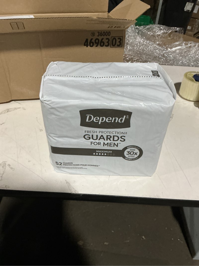 Condition photo showing As Is for Depend Guards Incontinence Pads for Men, Maximum Absorbency, 104 Count (2 Packs of 52), Packaging May Vary