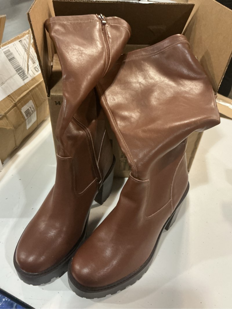 Condition photo showing Good Condition for ruiee women's extra wide calf knee high boots true wide width platform chunky heeled gogo boots rounded toe block heel tall boot for women. 10.5