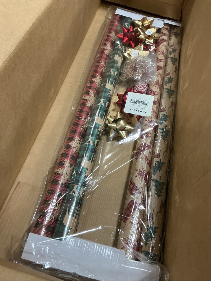 Condition photo showing As Is for RUSPEPA Christmas Wrapping Paper Rolls with Tags, Jute String and Gift Wrap Bows - 30 inches x 10 feet per Roll, Total of 4 Rolls Set-Red Plaid