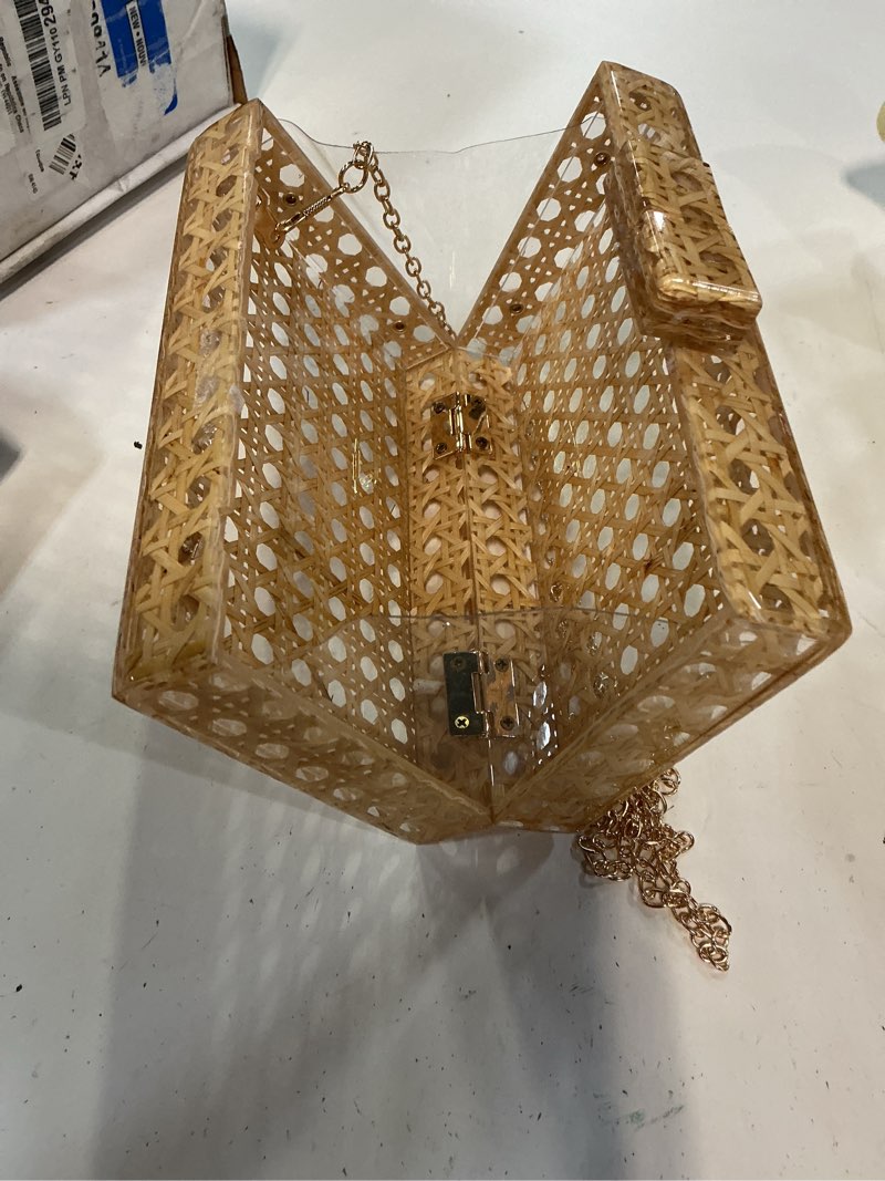 Condition photo showing As Is for goktow rattan acrylic bag clutch purse evening bag woven handbag summer beach purse beige