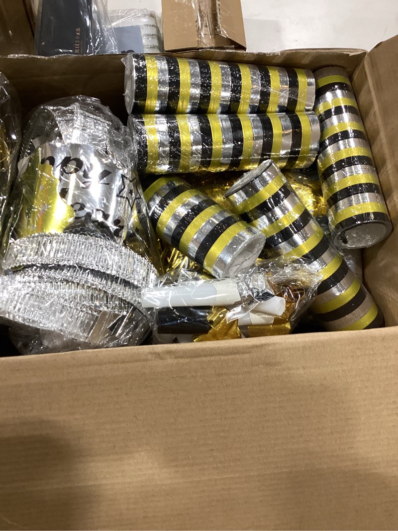 Condition photo showing New/Like New for Ceenna 114 Pcs 2025 New Year's Eve Party Decorations Supplies for 24 Guests 12 Happy New Year Hats 12 Tiara 12 Blowing Horns 12 Metallic Fringed Noise Makers 24 Necklaces 24 Bracelets 10 Celebrations