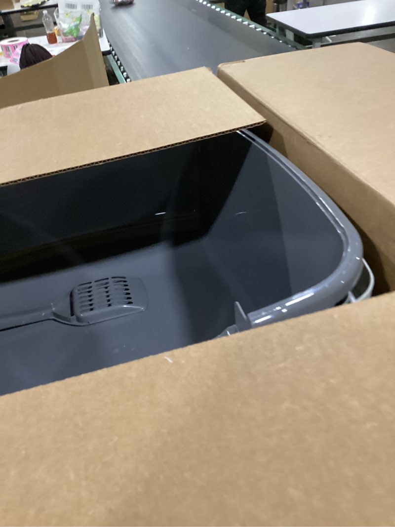 Condition photo showing As Is for IRIS USA Cat Litter Box, Large Litter Box Enclosure with Front Door Flap and Scoop, Covered Kitty Litter Box with Handle and Buckles for Portability and Privacy, Gray Jumbo Enclosed