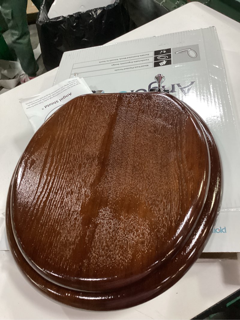 Condition photo showing Good Condition for Angel Shield Durable Wood Veneer Natural Toilet Seat Metal Hinged Easy Clean Anti-scratch American Standard(Round,Dark Walnut) Round-16.5” Black Wood