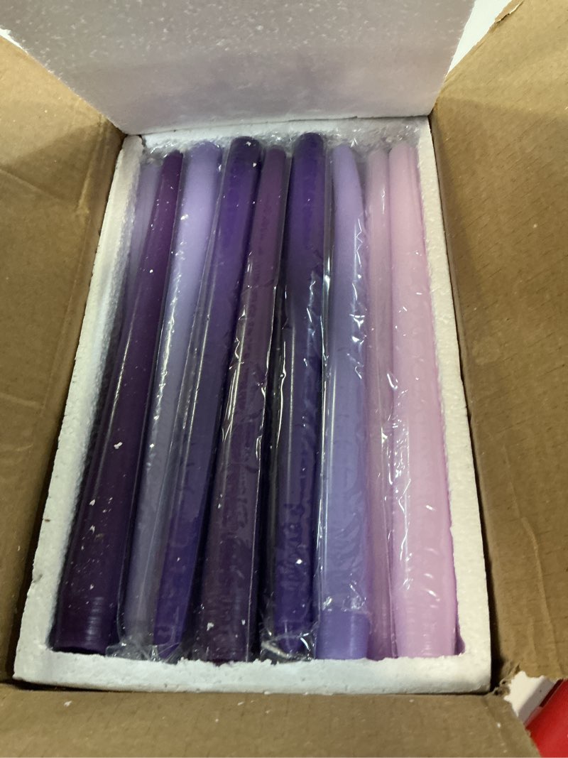 Condition photo showing New/Like New for mtlee 10 inch long tapered candle stick bulk smokeless unscented burning candlestick paraffin wax with cotton wick for 4th of july dinner anniversary wedding party church(gradient purple,16 pcs) gradient purple 16