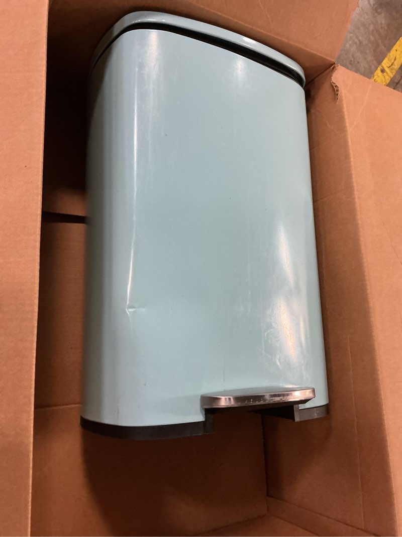 Condition photo showing As Is for happimess hpm1011h curtis 8-gallon step-open trash can, fingerprint resistant, modern, minimalistic for home, kitchen, laundry room, office, bedroom, bathroom, blue