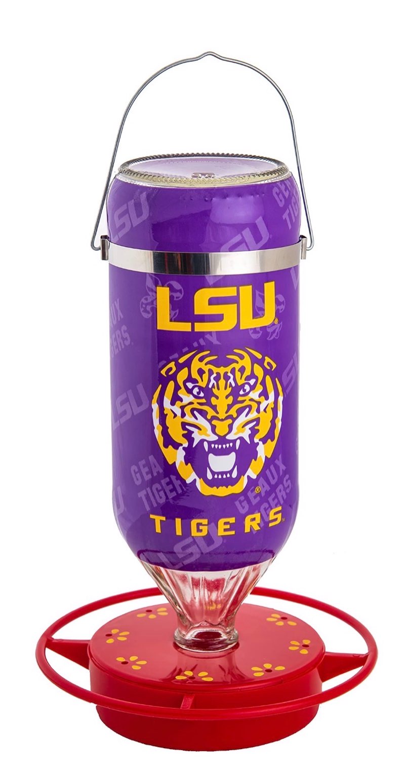 Hummer's Galore, NCAA College Football Hummingbird Feeder, Glass Hummingbird Feeder with UV Resistant Plastic Wrap for Outdoors Hanging, 32 oz, (LSU)