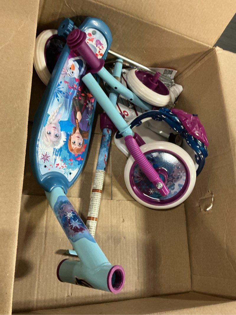 Condition photo showing As Is for huffy toddler 3-wheel scooter for kids, multiple colors & licensed character graphics, ages 3+, durable steel frame, wide non-slip deck, stable lean-to-steer design, light-up options, girls/boys frozen | blue/purple