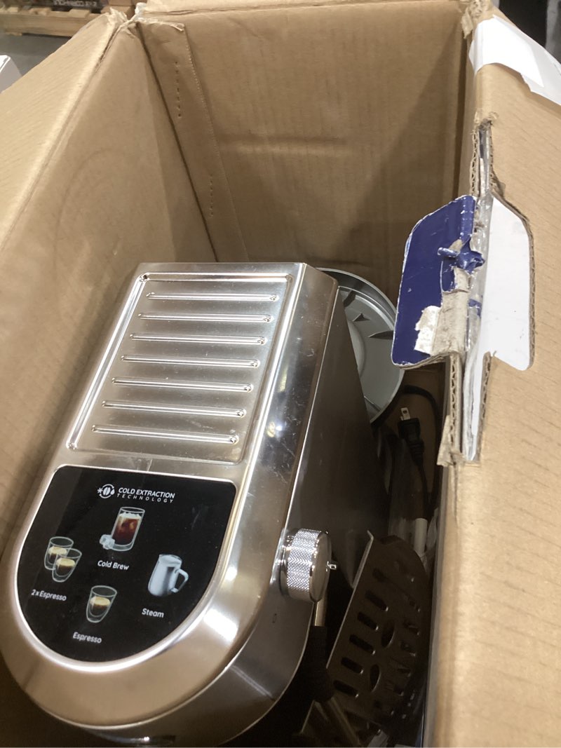 Condition photo showing As Is for de'longhi dedica duo compact espresso machine - cold brew coffee maker with milk frother wand- for espresso, hot & iced coffee, cappuccinos, lattes & home barista brewing, stainless steel finish