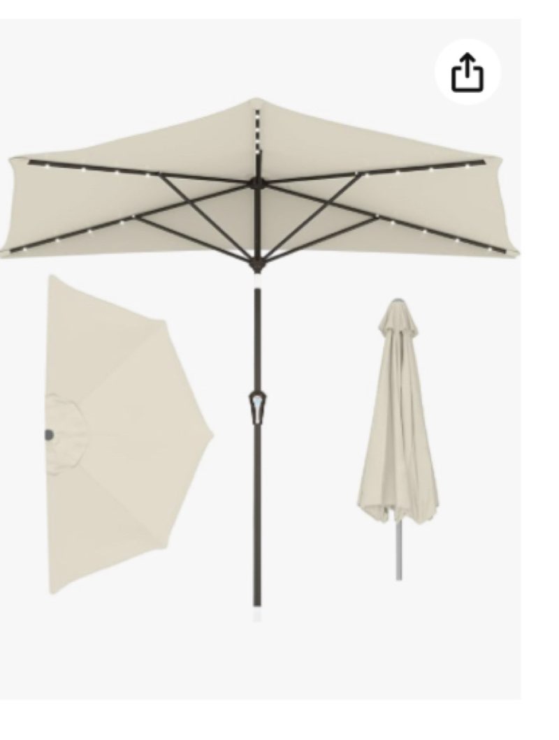 9FT Lighted Half Round Patio Umbrella, Wall Umbrella Sun Shade with 5 Heavy Duty Rib, UV Protection Water Resistant Outdoor Umbrella with Solar LED Lights for Poolside, Balcony, Lake Blue 9FT