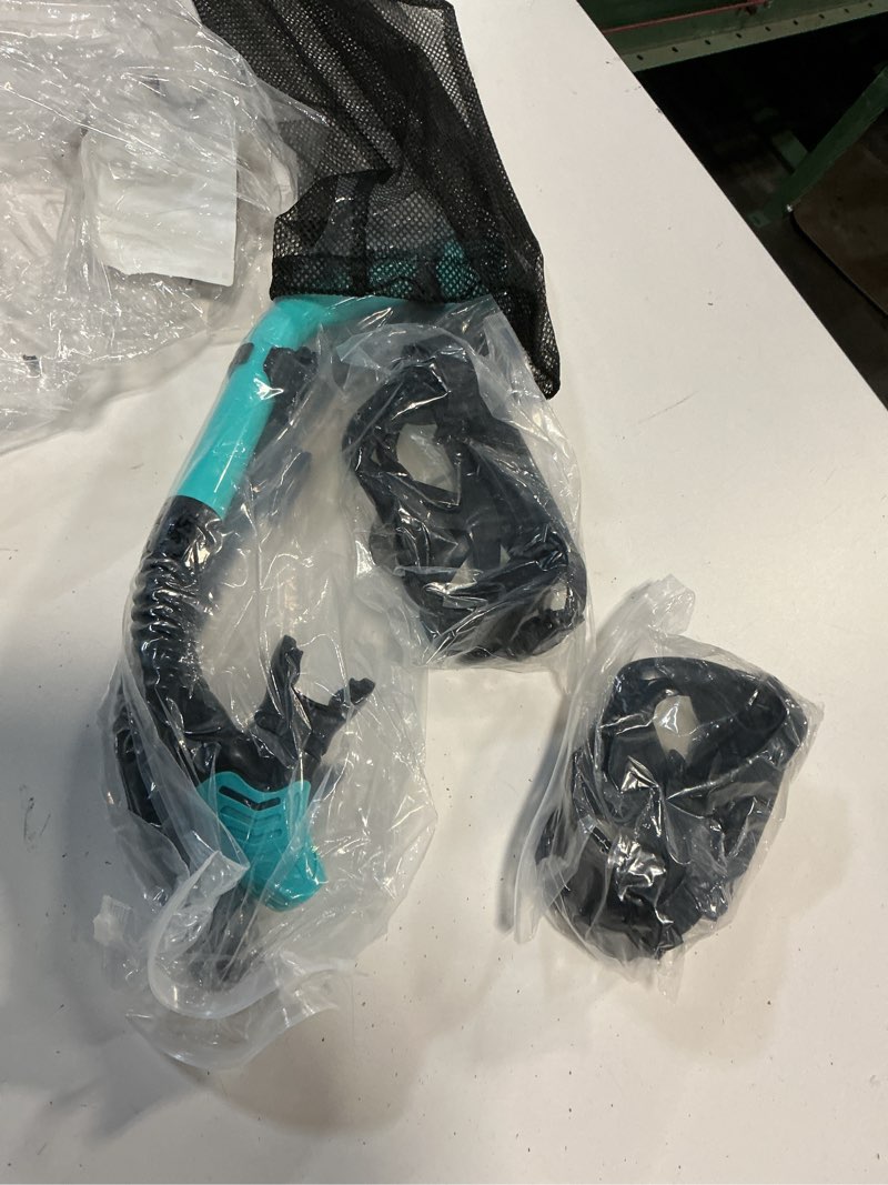 Condition photo showing As Is for snorkeling gear for adults, dry-top snorkel set scuba diving mask, 180° panoramic wide view professional snorkeling gear, adult swimming goggles with nose cover, breathing freely snorkel mask black & green
