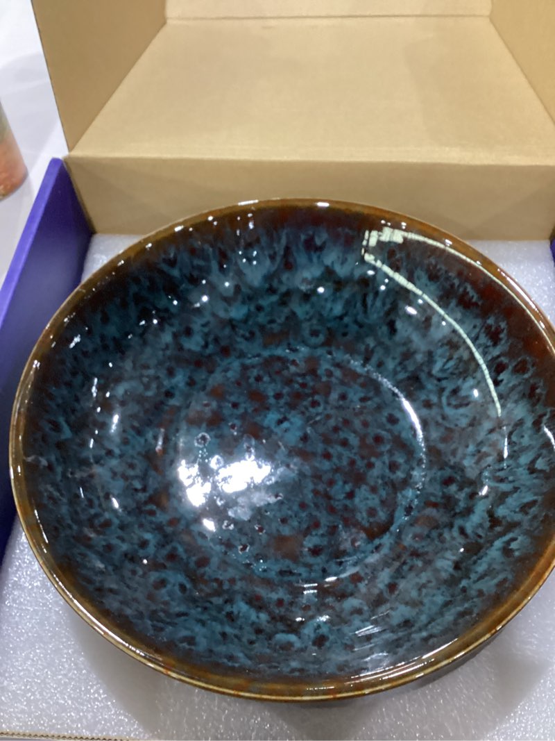 Condition photo showing Good Condition for ceramic fruit bowl,10.2" decorative bowl, large fruit bowl for kitchen counter, pedestal bowl, kitchen counter décor, bread candy snacks organizer(magic eye blue)