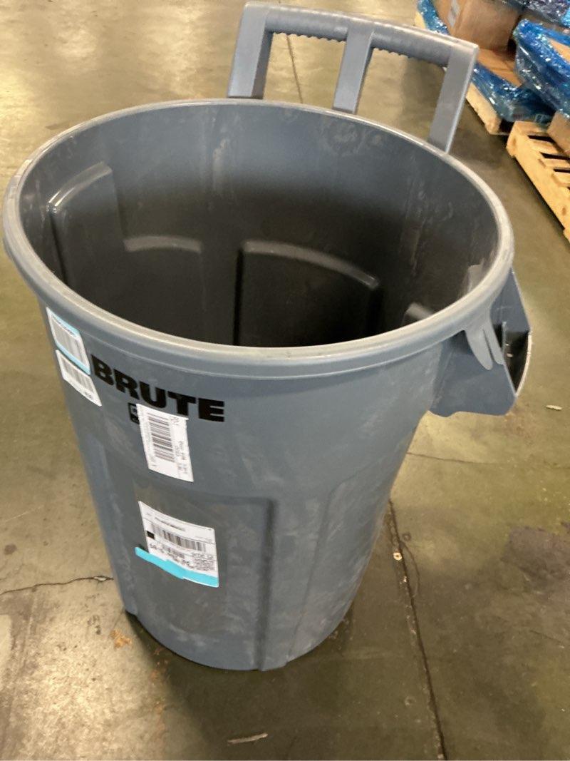 Condition photo showing As Is for Rubbermaid Commercial Products Vented Wheeled Brute Trash Container, 32 Gal Gray, for Landscapers/Construction Sites/Restaurants/Back of House/Offices/Warehouses/Commercial Environments 32 Gallon