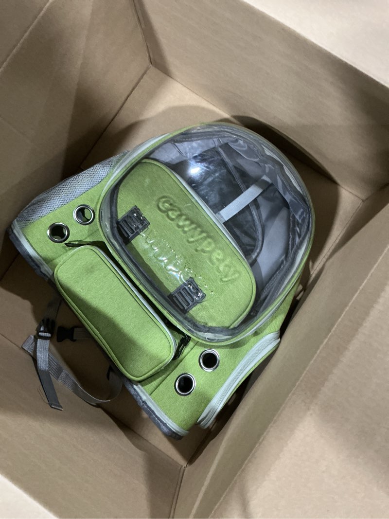 Condition photo showing Good Condition for cat backpack carrier, breathable cat carrier large space bubble pet backpack for kitty small dog up to 15lbs, transparent & foldable pet carrier for travel hiking green