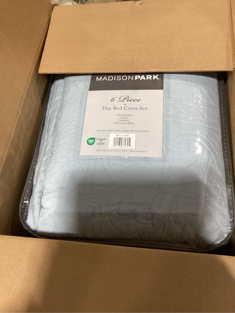 Condition photo showing Good Condition for madison park daybed cover set damask quilted cover for daybeds, all season, pre-washed cotton-filled coastal bedding with scallop edge, shams, bedskirt, décor pillows, tuscany, 39"x75", blue 6 piece 75"x39" blue