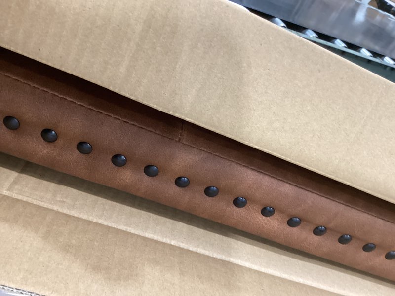 Condition photo showing As Is for 30 Inches Folding Storage Ottoman Bench, Ottoman PU Leather Tuffed End of Bed Bench, Foot Rest with Rivet Design, Ottoman with Storage, Load 330 lb, for Living Room, Bedroom, Entryway, Brown