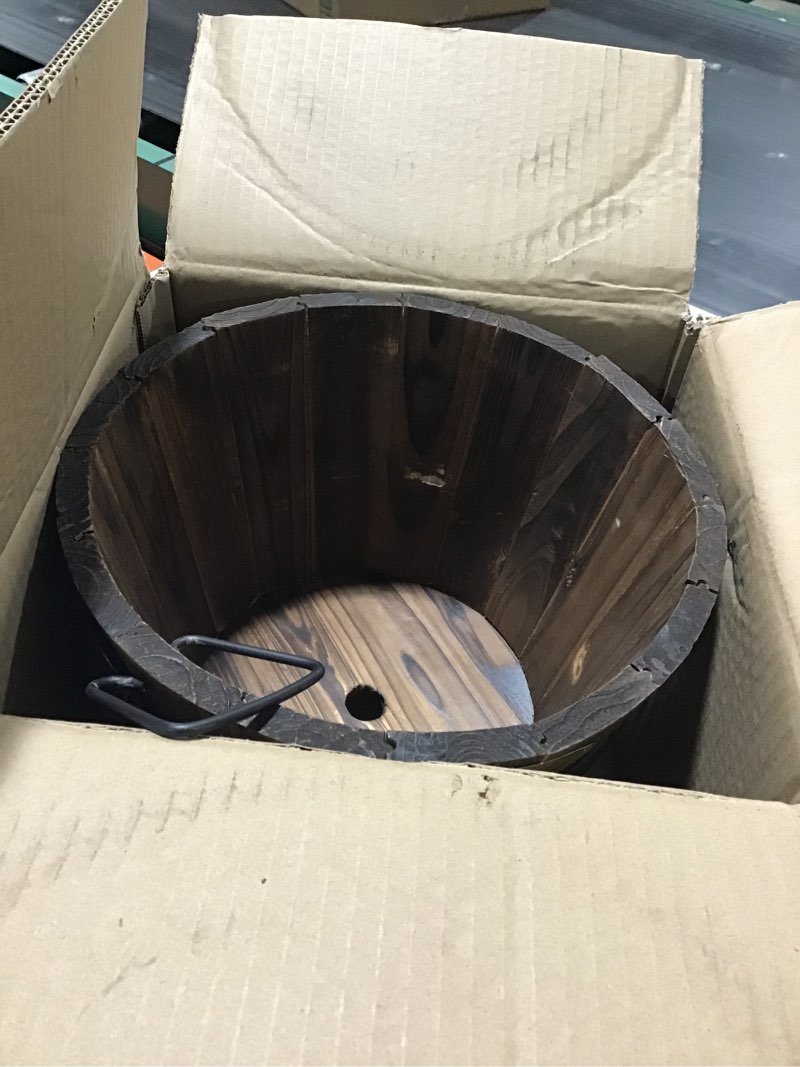 Condition photo showing As Is for DOITOOL Wooden Barrel Planter 10.2 Inch Round Whiskey Barrel Flower Pot Rustic Wooden Flower Bucket with Handle for Indoor Outdoor Garden Balcony