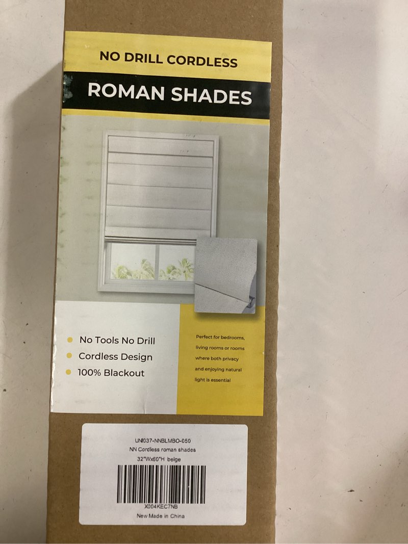Condition photo showing New/Like New for unishades 100% blackout no tools no drill cordless roman shades for windows, size 31 3/4" w × 60" h (for windows 32" w × 60" h) blackout - beige blackout - beige 32" w × 60" h
