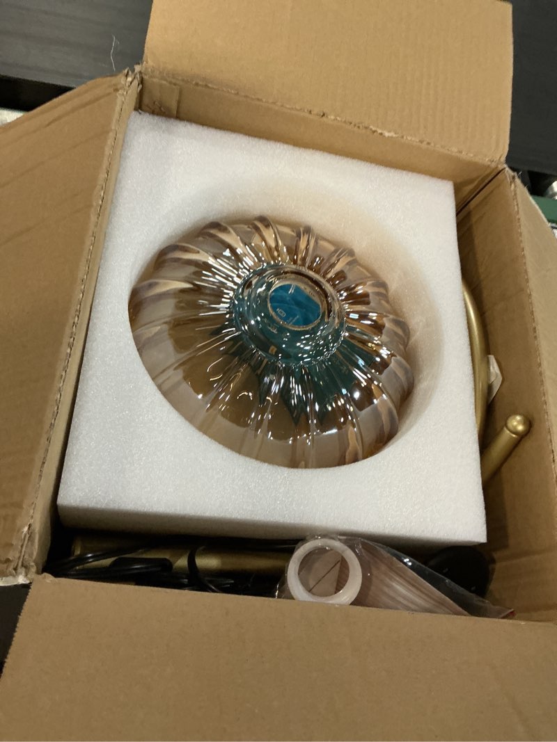 Condition photo showing New/Like New for Glass Floor Lamp for Living Room,Bedroom,Gold Dimmable Standing Lamp with Remote,Mid Century Modern Brass Tall Lamp Boho Vintage Retro Floor Lamps Arc Green Flower Floor Light Lamp Bohemian 02-Floor Lamp