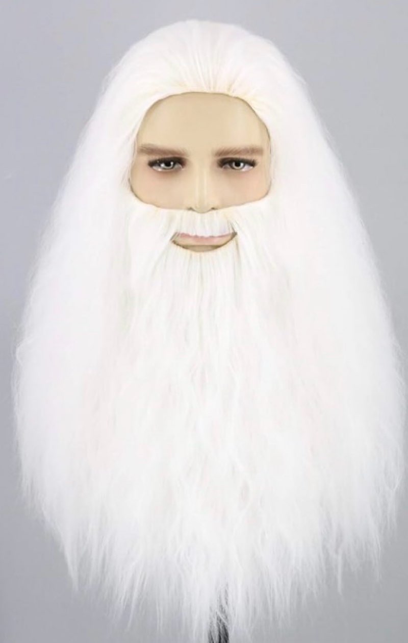 Topcosplay Mens Wigs and Beard Ash Blonde Long Curly Cosplay Halloween Costume Funny Wig White 