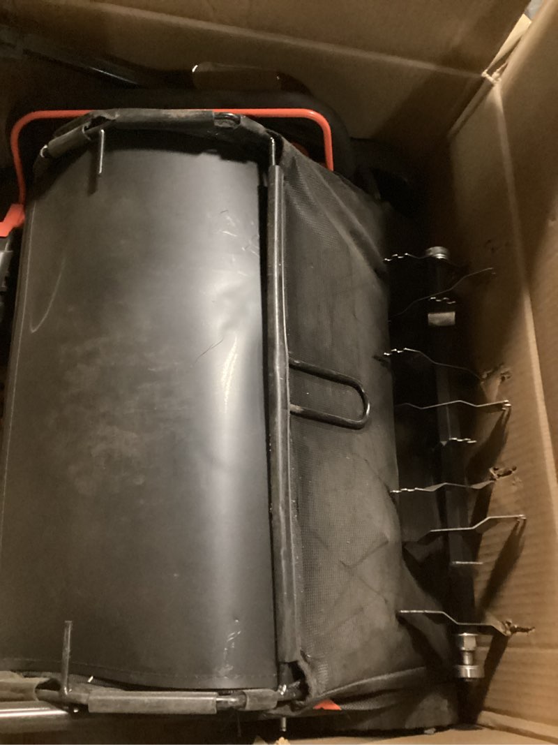 Condition photo showing As Is for 16-inch 15.5 amp 2-in-1 electric dethatcher and scarifier with 14.5-gallon collection bag, lawn dethatcher with 5-position depth adjustment, blade replacement without tool - orange orange 16inch
