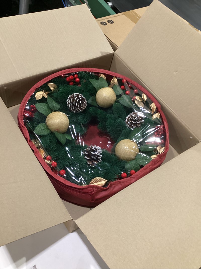 Condition photo showing New/Like New for christmas wreath with 40 led lights,18 inch pre-lit artificial christmas wreaths for front door with pinecones red berries ball ornaments, christmas decorations for indoor & outdoor use