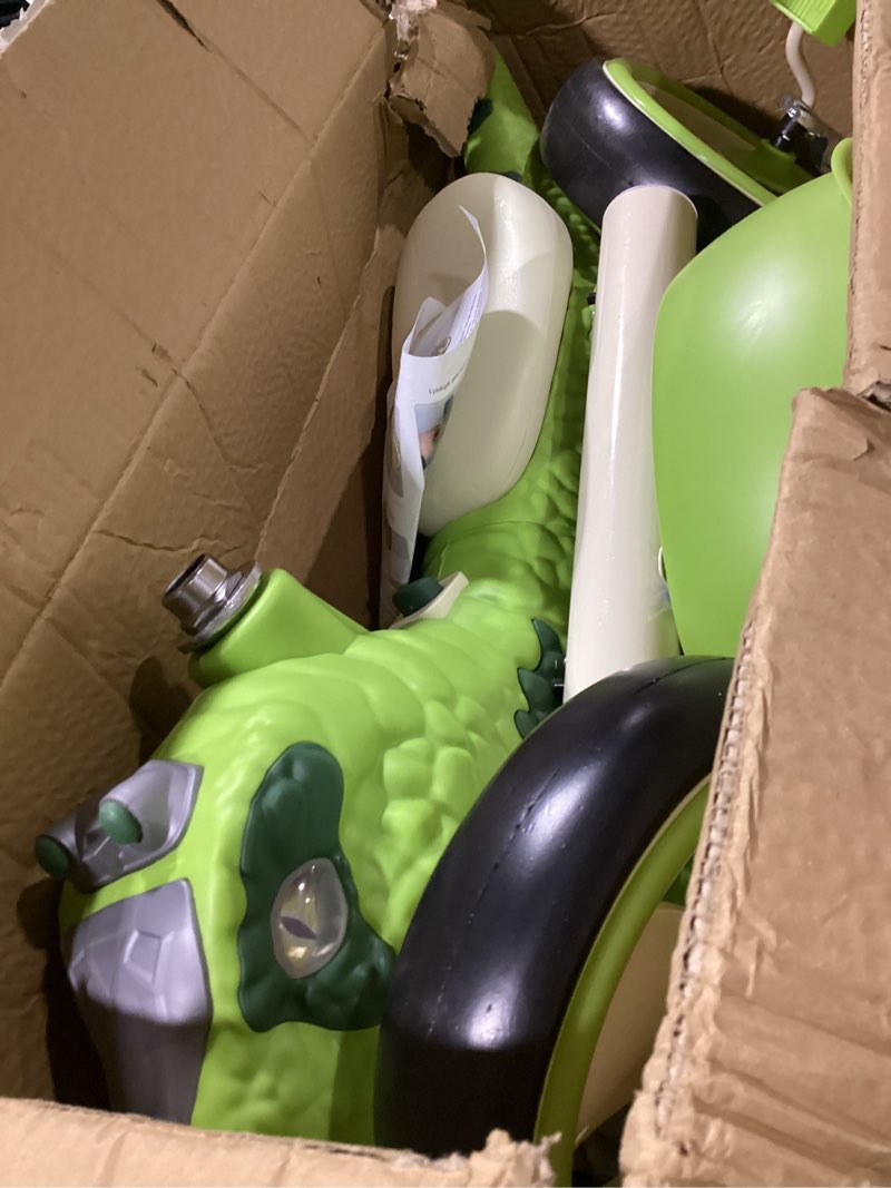 Condition photo showing As Is for nmm dinosaur tricycle for toddlers, kids trike with music, led, tricycles for 3-5 year olds, for rider, big wheel, storage basket, horn, toddler bike for boy, dinosaur toys for kids 2-4 4-7 bright green - (tire glow)
