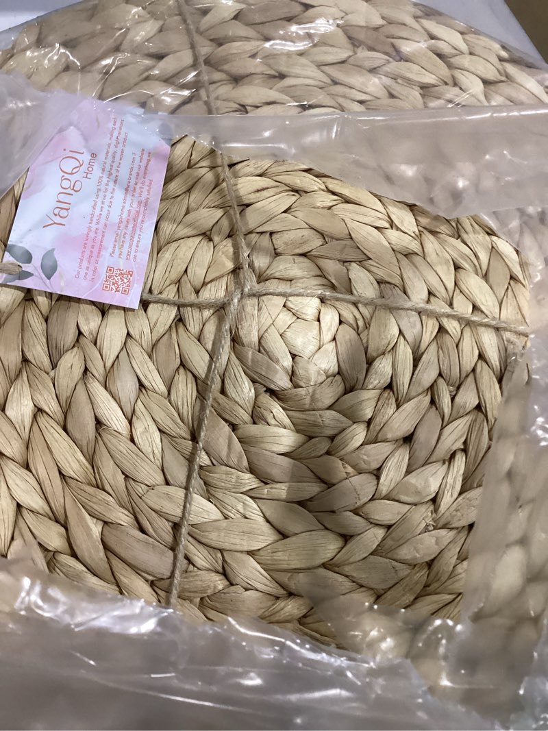 Condition photo showing Good Condition for 13.5'' round woven placemats set of 10, boho rattan chargers for dinner plates, round rattan placemats,for dining table,wedding, farmhouse,outdoor and christmas 13.5inch set of 10