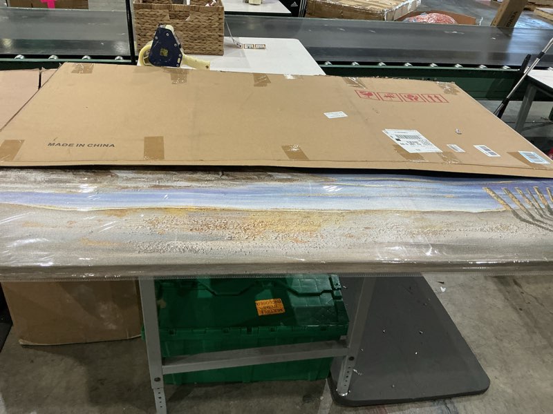 Condition photo showing Good Condition for similar)))large vintage nautical ocean wall art for living room, wooden boat flowers and sunset modern landscape artwork, warm and inviting coastal wall decor for dining rooms, offices, lounges. 58x29 inches. blue and yellow 58\"l x 29\"w