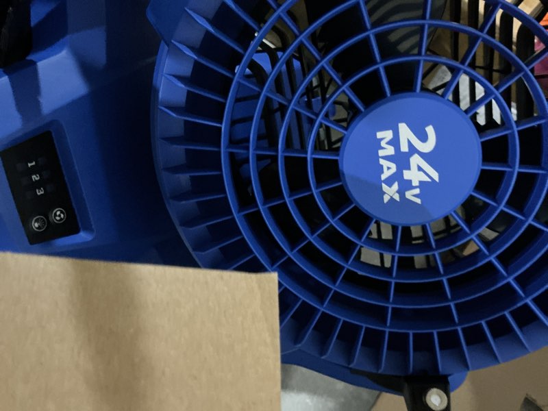 Condition photo showing As Is for kobalt 7-in high velocity indoor/outdoor misting jobsite fan, battery powered, in blue