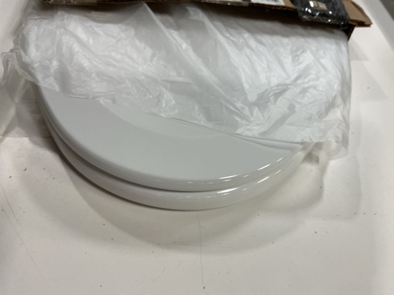 Condition photo showing Good Condition for church toilet seat, easy clean hinges release for deep cleans, durable enameled wood seat, elongated, white