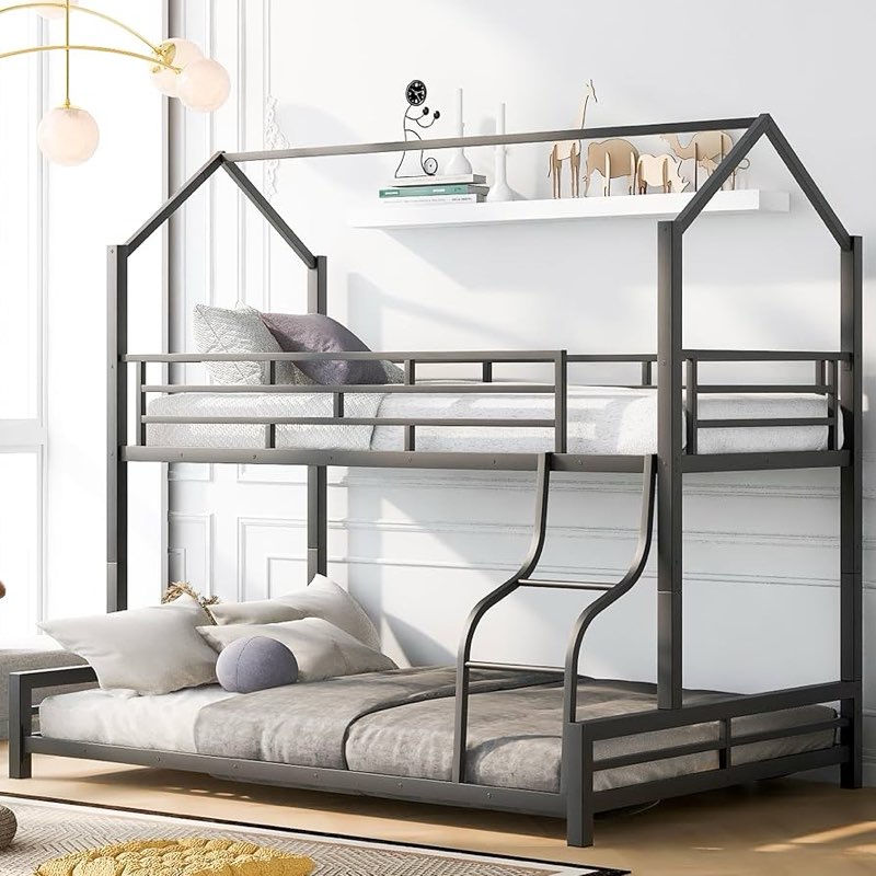 (Incomplete) Metal Twin Over Full House Bunk Bed Frame with Roof and Built-in Ladder