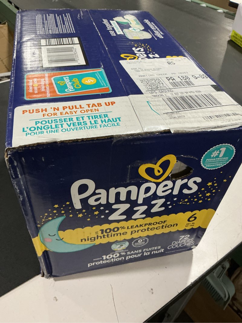 Condition photo showing New/Like New for pampers zzz overnight diapers, size 6 (35+ lbs), 72 count, nighttime protection disposable baby diaper, night time leak and skin protection size 6 72