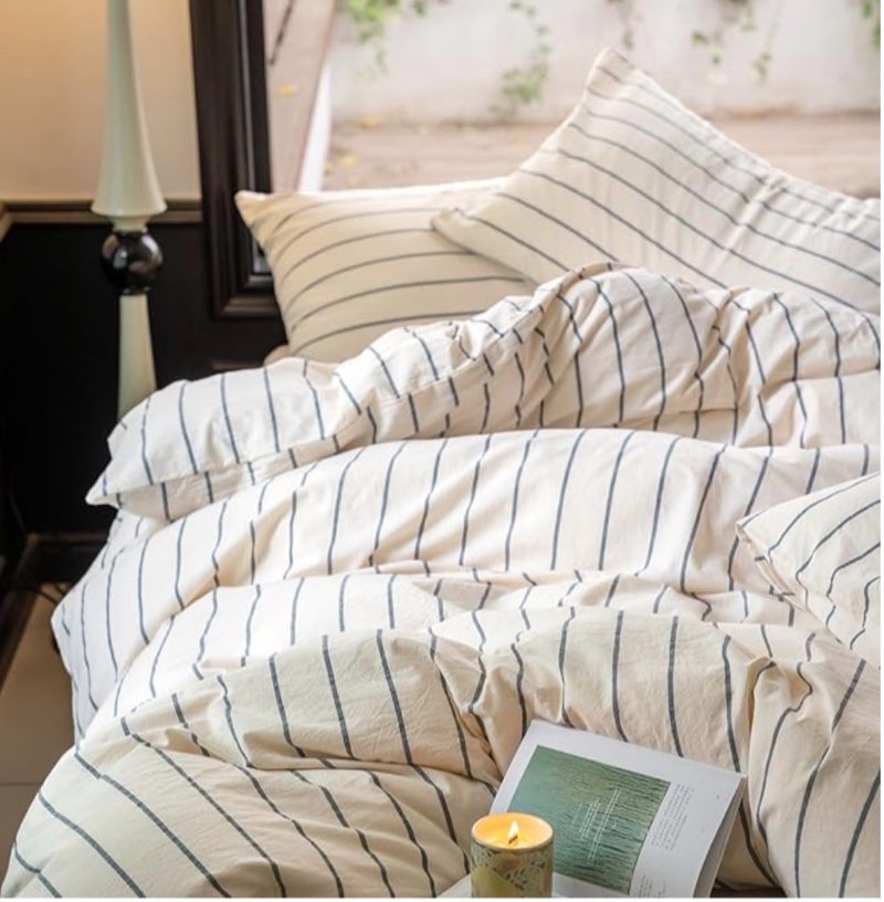 LifeTB Striped Duvet Cover Set Queen 100% Washed Cotton Beige Duvet Cover with Grey Stripes Pattern Printed Comforter Cover 3 Pieces Striped Bedding Queen Comforter Cover with Zipper Closure