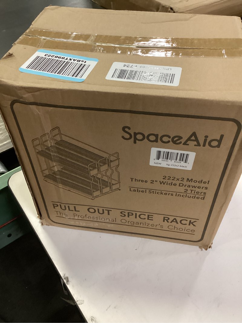 Condition photo showing New/Like New for SpaceAid Pull Out Spice Rack Organizer for Cabinet, Heavy Duty Slide Out Seasoning Kitchen Organizer, Cabinet Organizer, with Labels, 7.7" W x10.75 D x10 H, 3 Drawers 2-Tier Three 2"W Drawers, 2-Tier