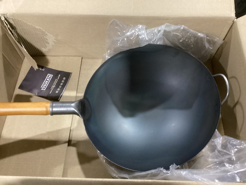 Condition photo showing Good Condition for YOSUKATA 14" Carbon Steel Wok with Round Bottom – Pre-Seasoned Pow Wok for Stir Fry – Traditional Chinese Japanese Black Steel Pan – Outdoor Cookware for Gas Stovetops, Open Fire, BBQ, Camping