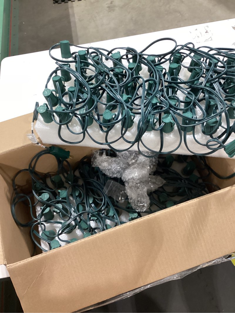 Condition photo showing As Is for C9 Clear Christmas String Lights, 100 Feet Waterproof Vintage Christmas Tree Lights, Outdoor Roofline String Lights with 100 Clear Bulbs for Patio Garden Holiday Indoor Home Decoration, Green Wire 100FT Clear Bulb Green Wire