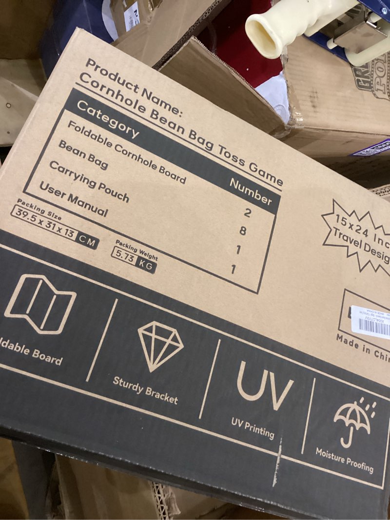 Condition photo showing New/Like New for Portable Cornhole Board Set 2x1.3ft | 24"x16": Cornhole Set Outdoor Backyard Corn Hole Toss Game for Party Beach | 2 Foldable Wooden Corn Hole Boards, 8 Bean Bags, 1 Carrying Bag Football Theme