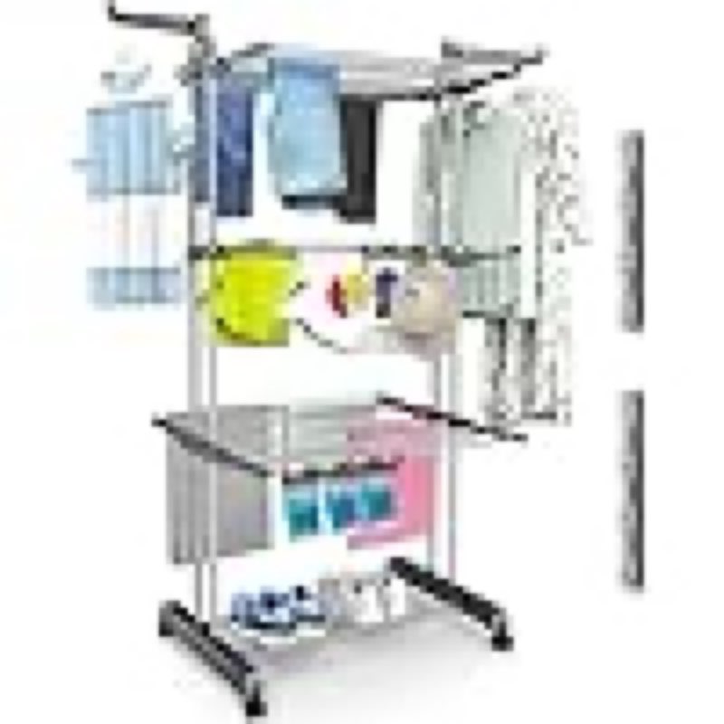 4 tier clothes drying rack oversized, foldable& adjustable height rolling clothes rack stainless steel with 4 castor, 24 drying poles,14 hook& 2 sock clippers, drying rack clothing for indoor& outdoor
