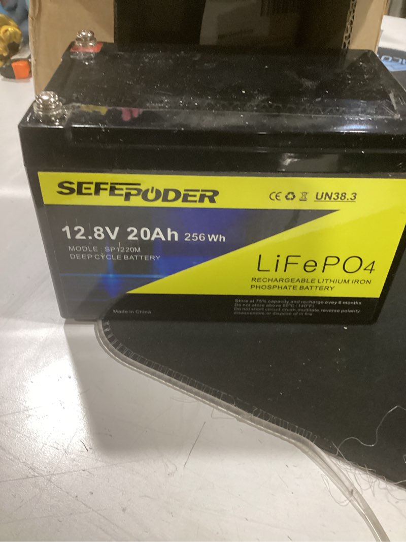 Condition photo showing As Is for sefepoder 12v 20ah lithium lifepo4 deep cycle battery, 4000 cycles rechargeable battery for lighting, power wheel, fish finder with and more built-in 40a bms(screw terminal) 12v 20ah-ms