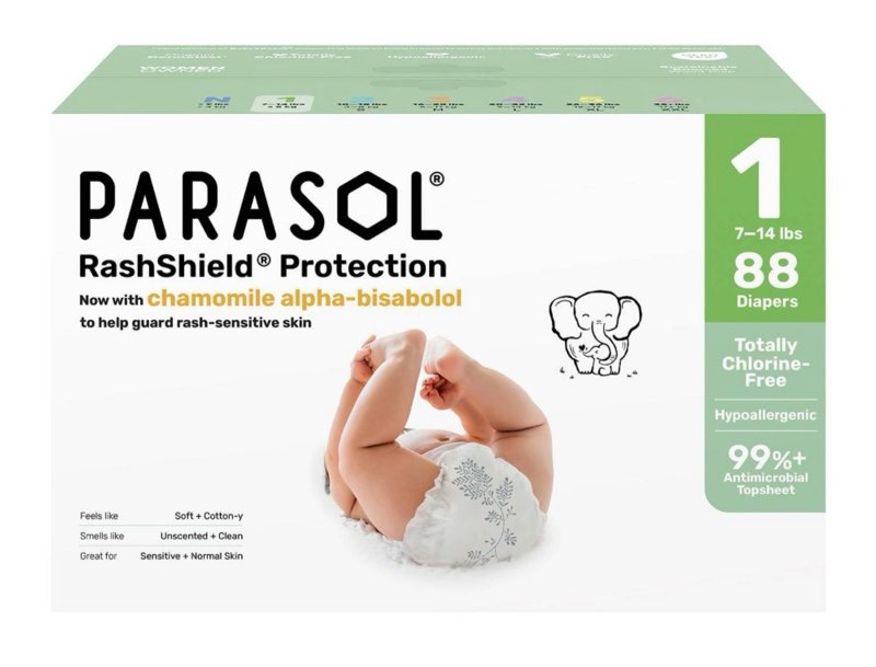 parasol chlorine-free diapers with rashshield protection - size 1 - 88ct: hypoallergenic, wetness indicator, latex-free