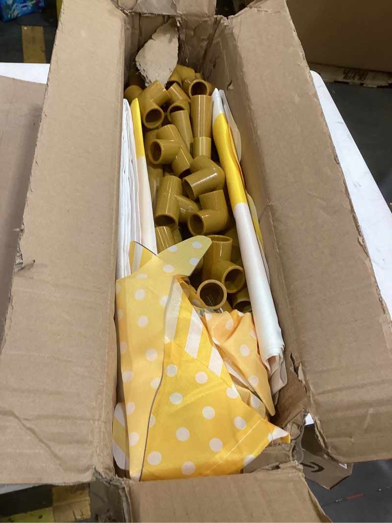 Condition photo showing As Is for tioncy 6 pcs fresh lemonade stand kits hut decor (without table) include shelf banner roof pennant table skirt for photo props outdoor lemon themed party decor (desk is not included)