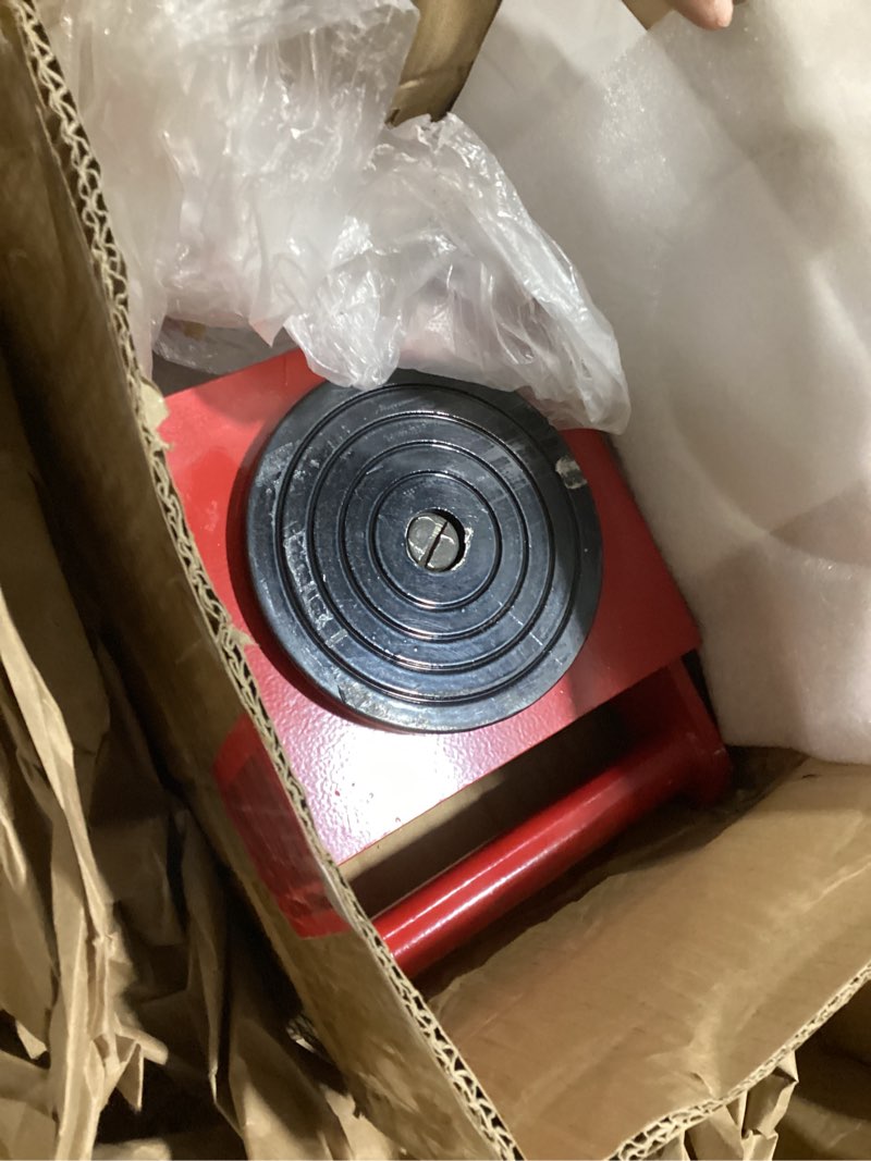 Condition photo showing As Is for FAHKNS Machinery Mover 6T 13200LB Capacity Machinery Skate 4 Wheels Dolly Skate Roller with 360 Degree Rotation Cap for Warehouse Workshop Factory, Red