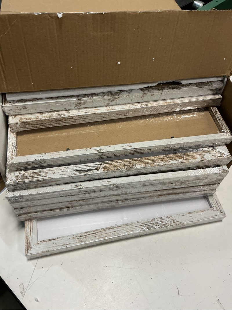 Condition photo showing New/Like New for Yaetm 12x12 Picture Frame with Mat for 8x8 Set of 9, Square 12 x 12 Frames, White Gallery Wall Frame 12x12 for Wall Hanging (9 pack, Rustic White) 12\"x12\", 9 pack Rustic White