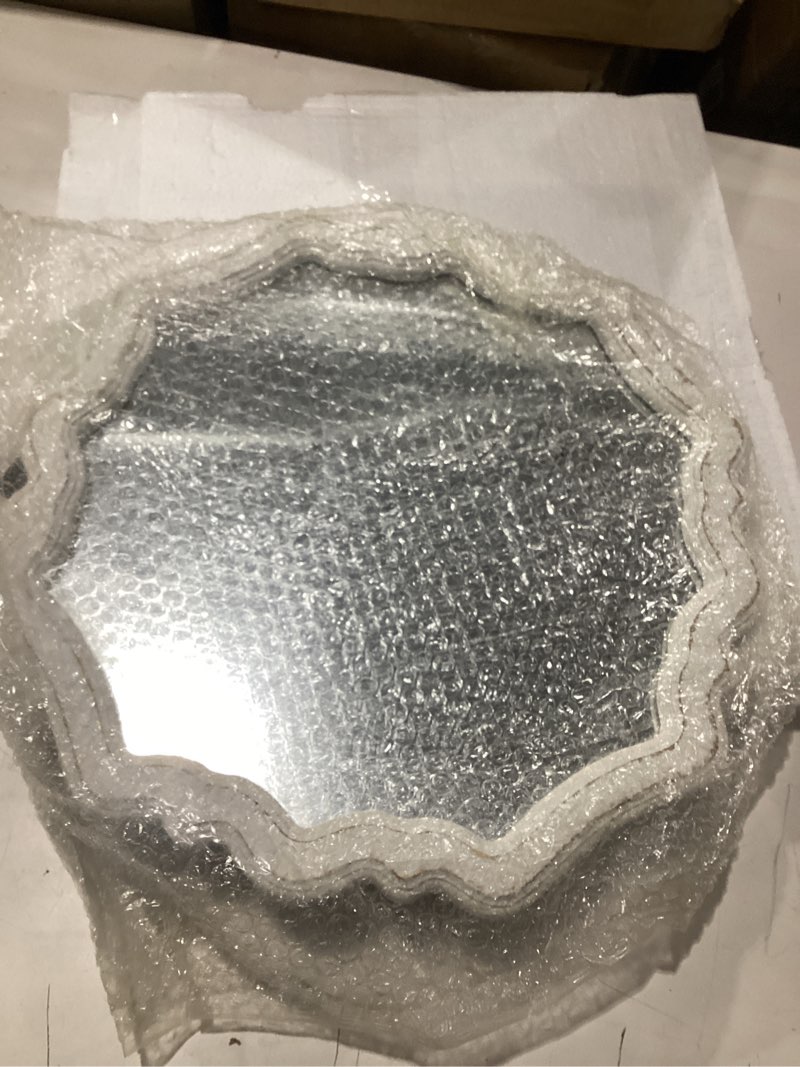 Condition photo showing New/Like New for rustic scalloped white round mirrors for wall decor living room 15.7 inch, hanging vintage wooden circle vanity mirror for bathroom, handmade distressed farmhouse wavy entryway mirror