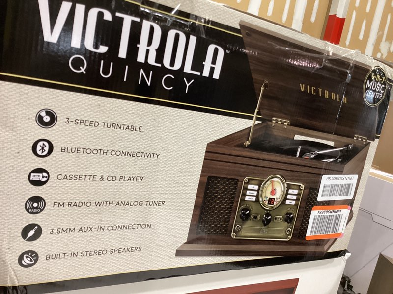 Condition photo showing As Is for Victrola The Quincy 6-in-1 Bluetooth Record Player & Multimedia Center with Built-in Speakers – 3-Speed Turntable, CD & Cassette Player, AM/FM Radio, Wireless Music Streaming (Espresso) Espresso Record Player