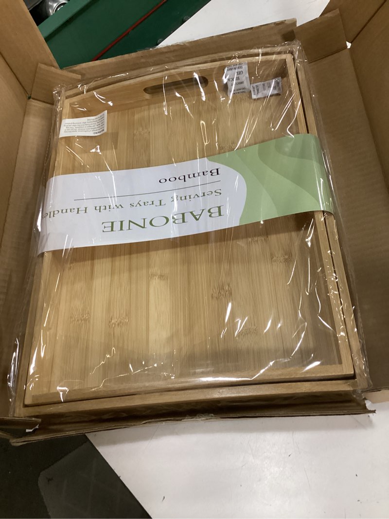 Condition photo showing Good Condition for bamboo serving tray with handles set of 2 - decorative wooden trays for eating, working, and storing, suitable for use in bedroom, living room, kitchen, bathroom, outdoor scenarios and more 2 pack